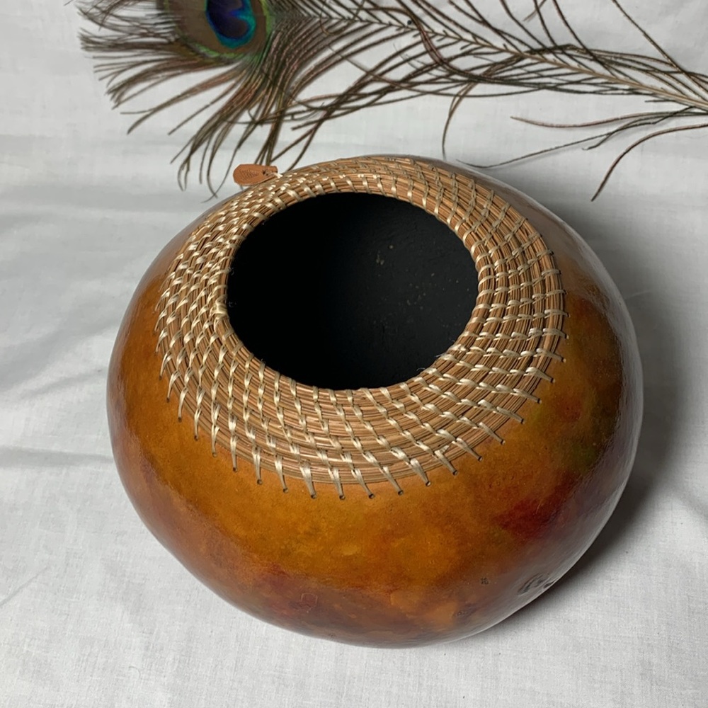Hand Crafted Gourd Vase w/ Woven Pine Needle Accent - Picture 6 of 7